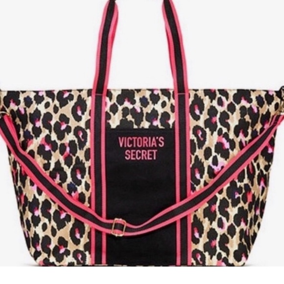 Victoria's Secret Handbags - Victoria's Secret Leopard Canvas Tote with Pink and Black Accents
